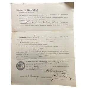 Antique 1895 Disorderly Conduct Judgement Court‎ Paper Savanah GA Ephemera